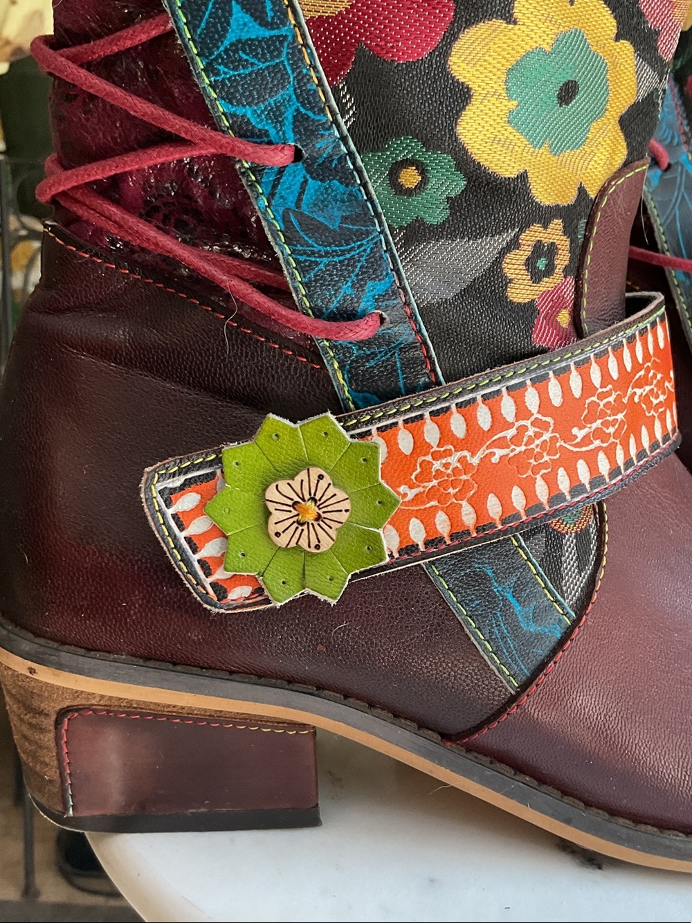 Floral Pattern Burgundy Leather-Trim Women's Knee Boots - Picture 3 of 7